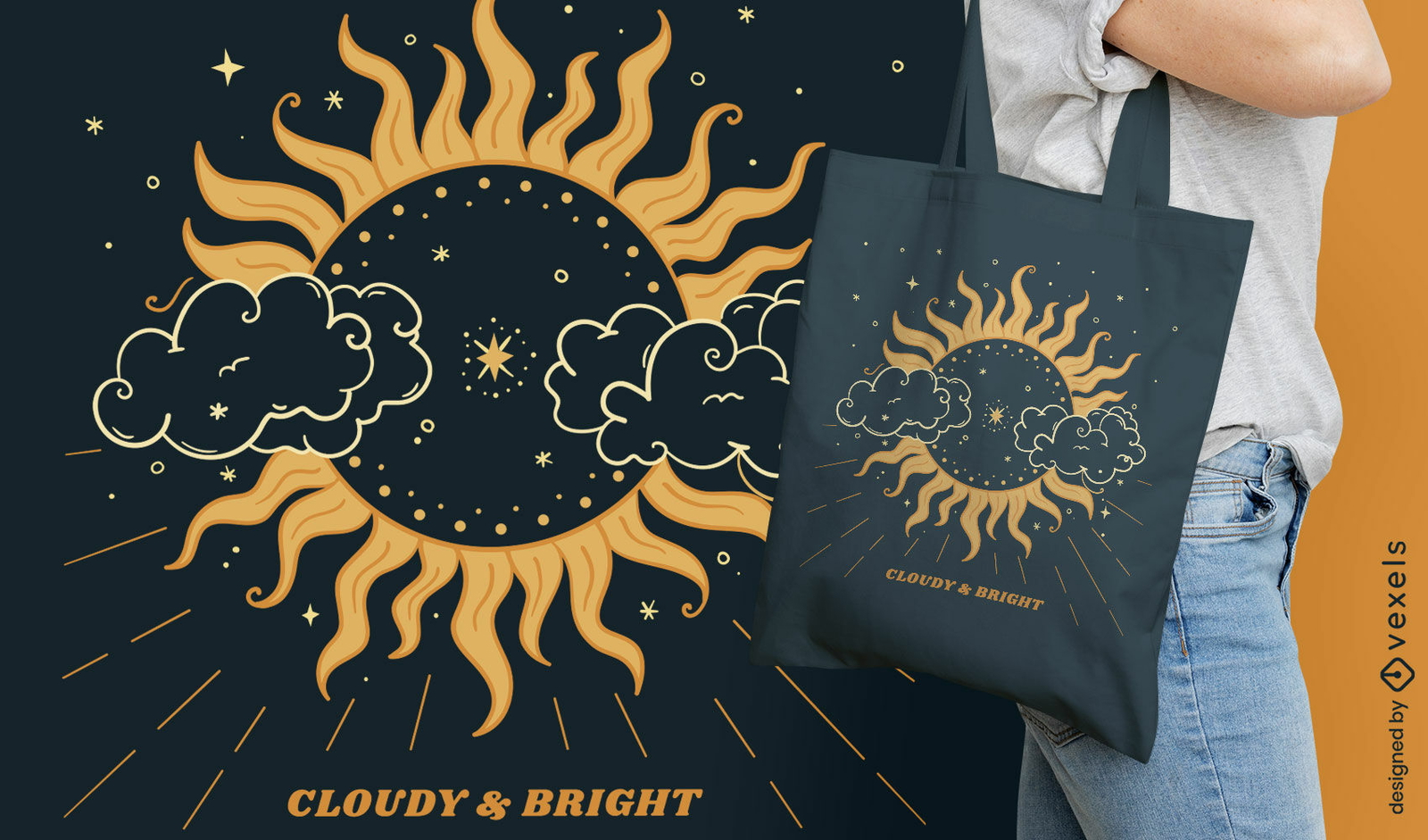 Diseño de bolso tote de sol oscuro y nubes.