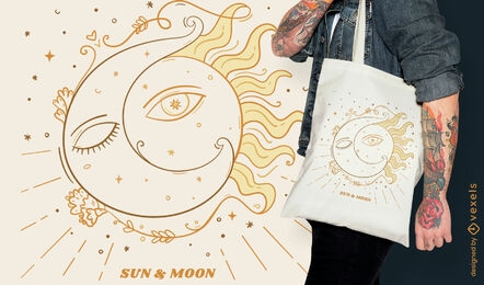 Diseño de bolsa de asas esotérica luna y sol.
