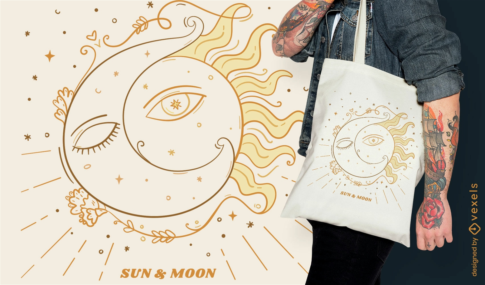 Esoterisches Taschentaschendesign des Mondes und der Sonne