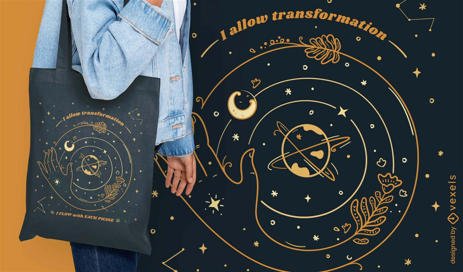Orbiting moon and planets tote bag design
