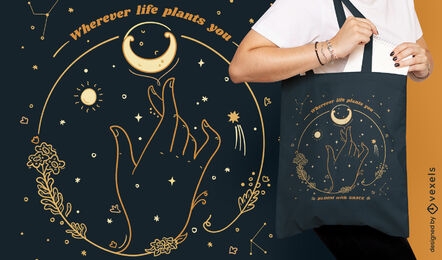 Diseño de bolsa de asas de luna de vida esotérica.