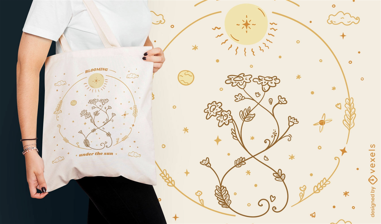 Diseño de bolso tote con círculo lunar y flores silvestres