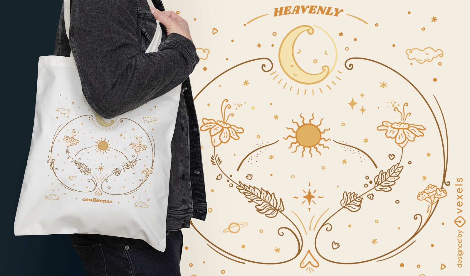 Swirly esoteric moon tote bag design