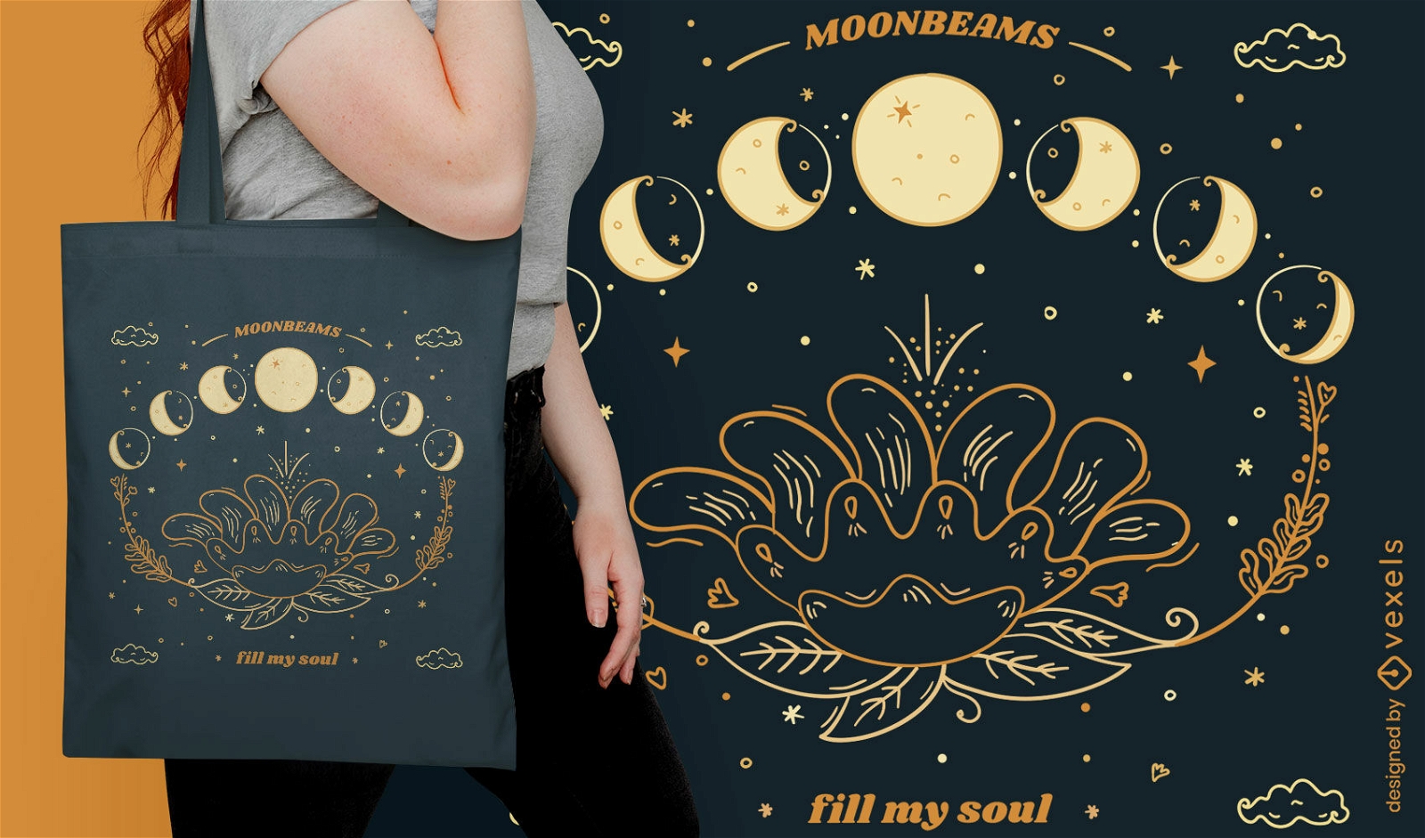 Diseño de tote bag floral con luna y estrellas