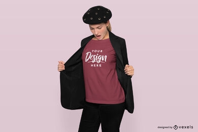 Woman with beret and jacket with t-shirt mockup