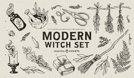 Conjunto de elementos dibujados a mano de bruja moderna