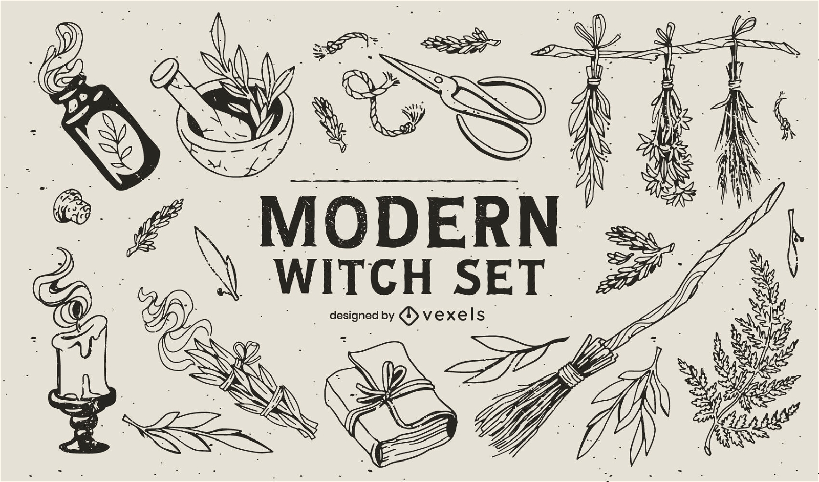 Conjunto de elementos desenhados à mão de bruxa moderna
