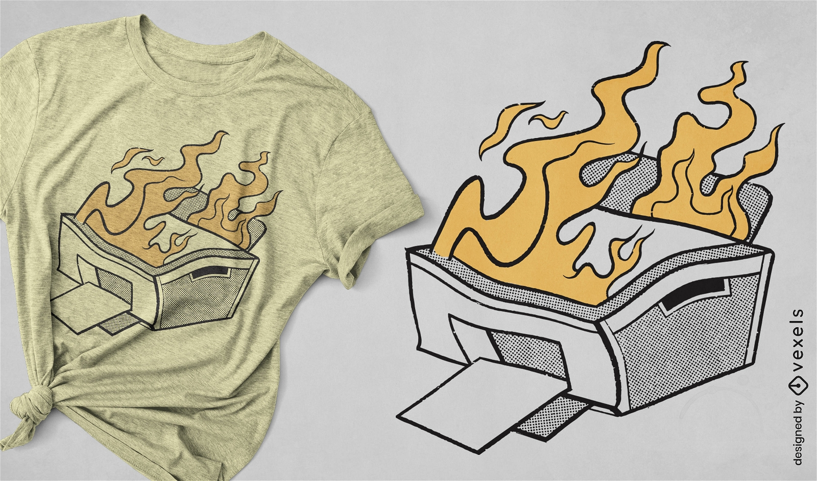 Design de camiseta de desenho animado de impressora em chamas