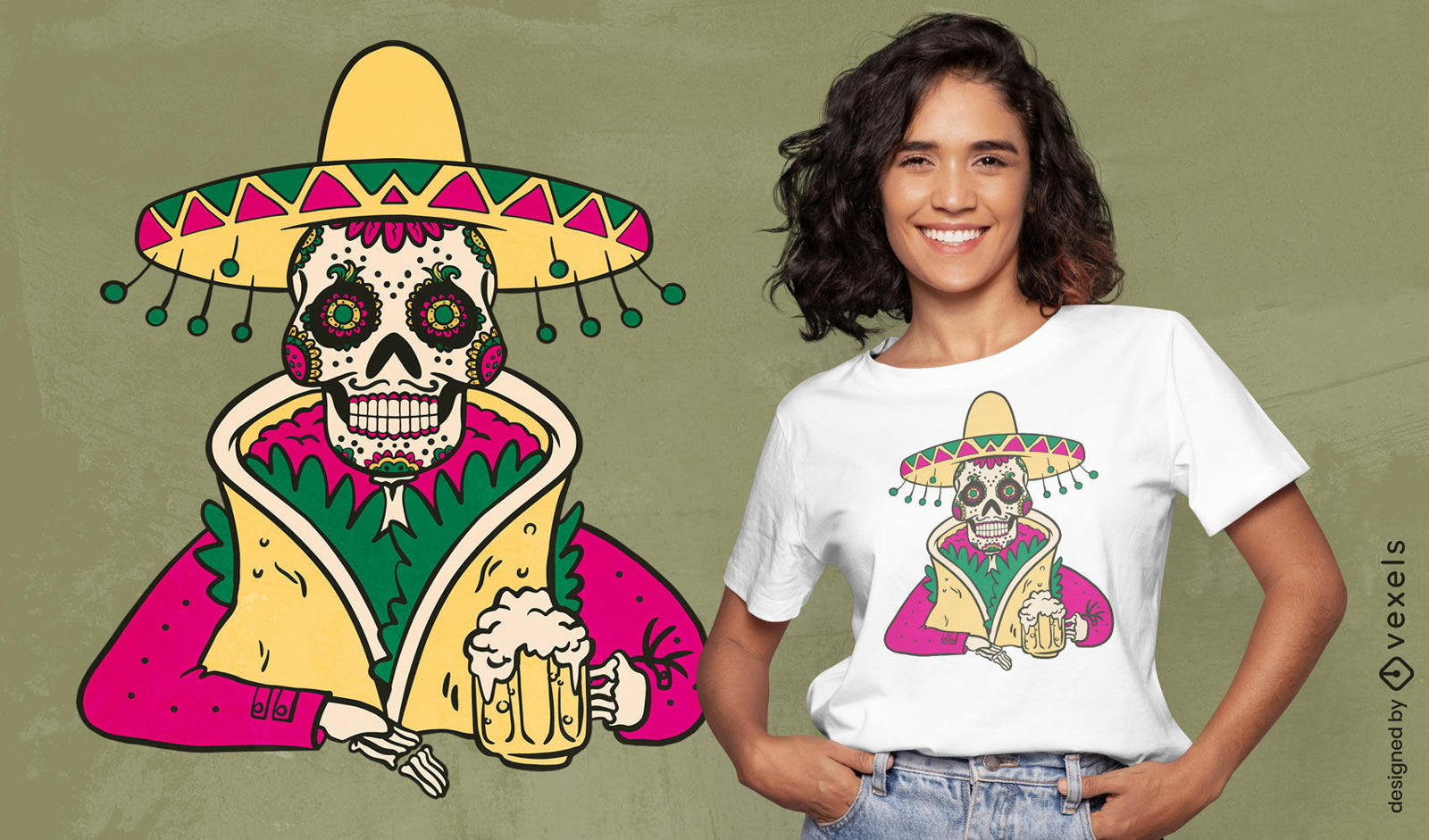 Esqueleto mexicano con diseño de camiseta de cerveza.