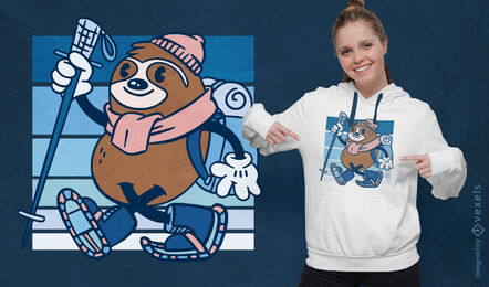 Cartoon sloth hiking in winter t-shirt design