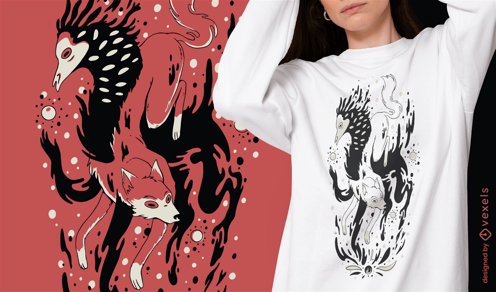 Diseño de camiseta de lobo místico y criatura.