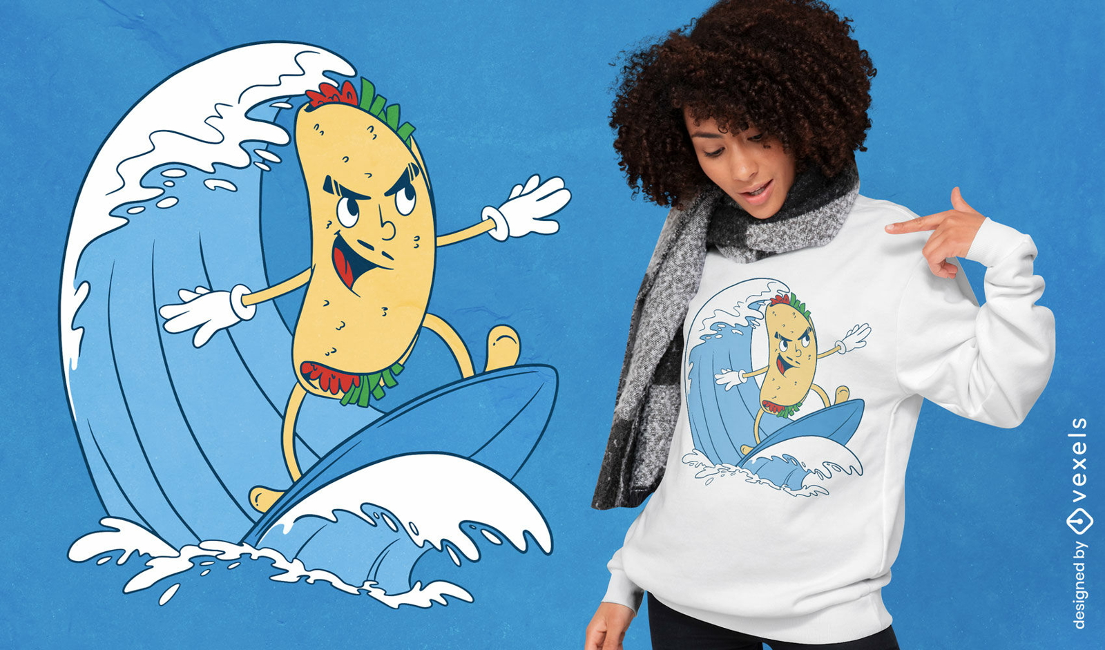 Taco surfing cartoon t-shirt design