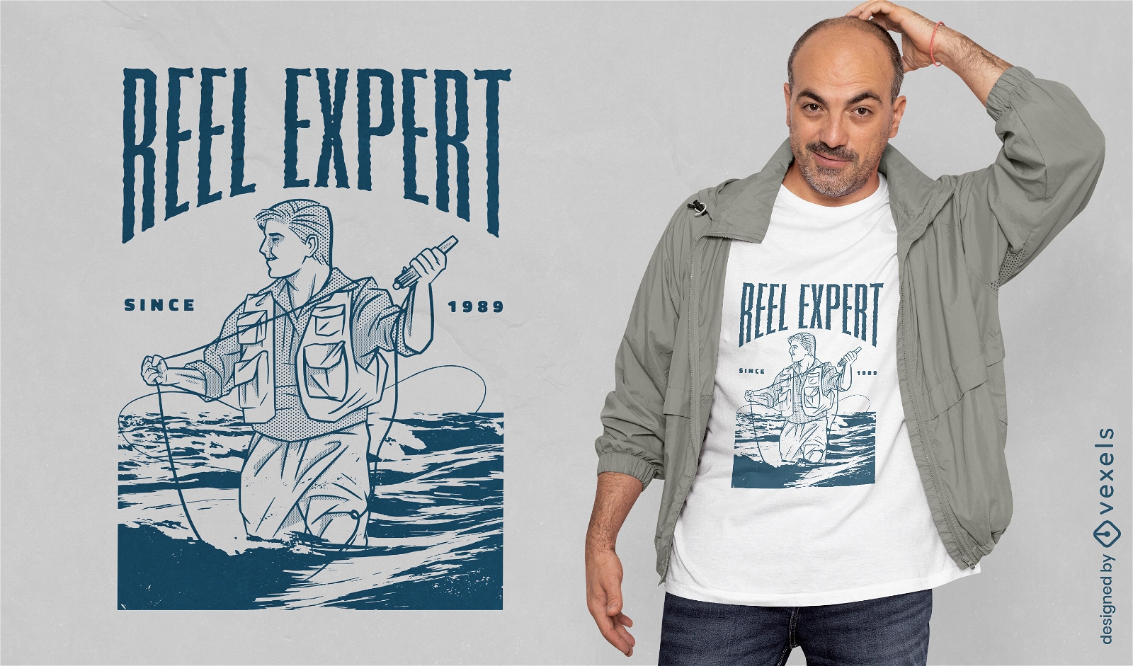 Diseño de camiseta de pesca experta en carretes.