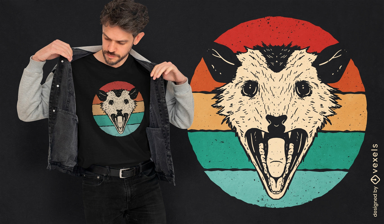 Opossum-Retro-Sonnenuntergang-T-Shirt-Design
