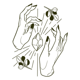 Manos y cristales llenos de trazo brujo. Diseño PNG