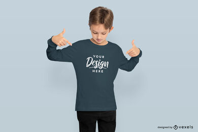 Boy pointing at long sleeve t-shirt mockup