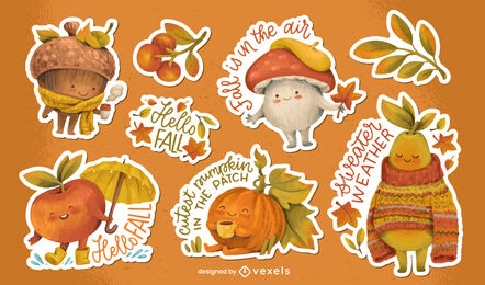 Cute fall watercolor characters and quotes set