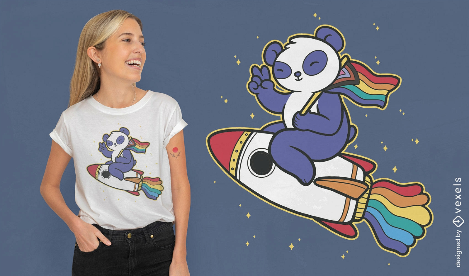 Panda con bandera del arco iris en un dise?o de camiseta de cohete