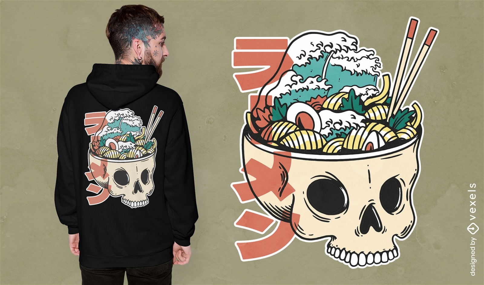 Crânio com design de t-shirt de comida ramen