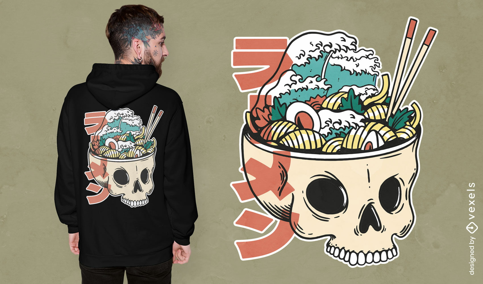 Totenkopf mit Ramen-Food-T-Shirt-Design
