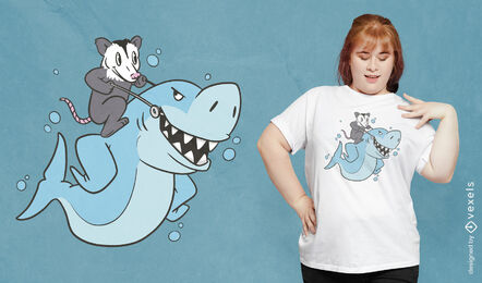 Diseño de camiseta de tiburón montando zarigüeya