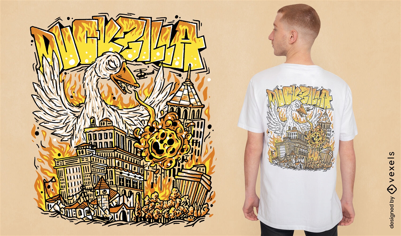 Design de camiseta da cidade atacando o ganso gigante