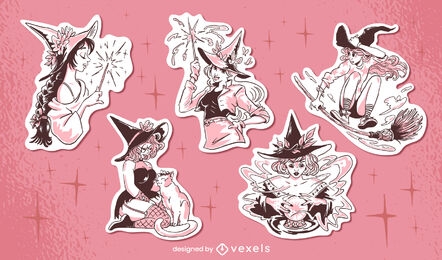 Modern young witch stickers set