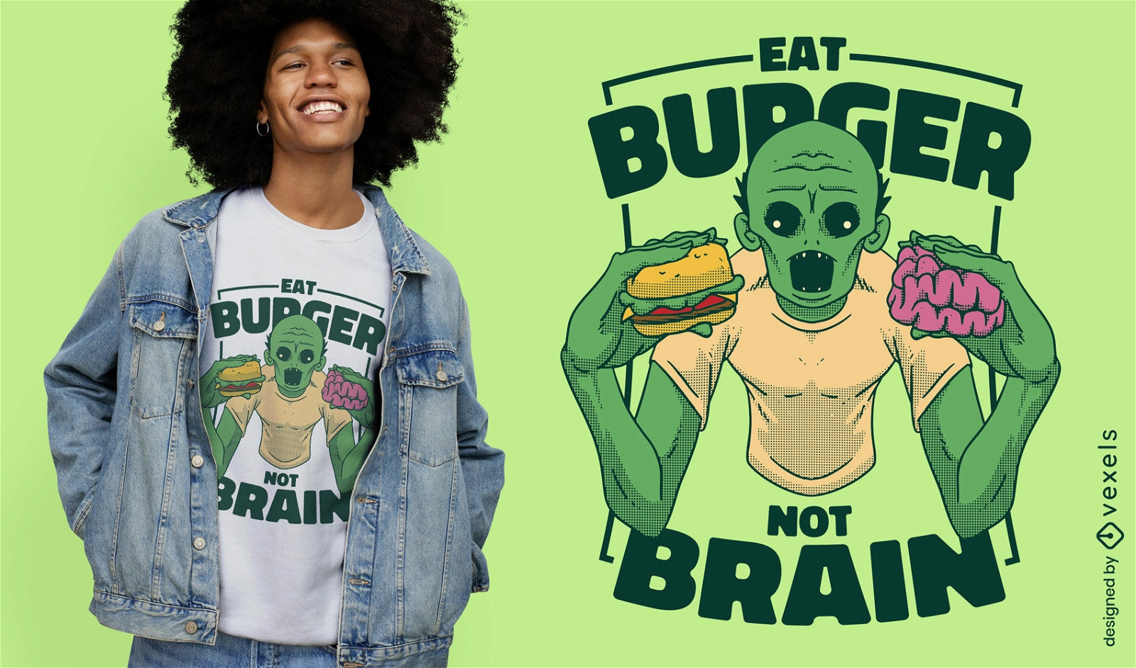 Diseño de camiseta zombie comiendo hamburguesa y cerebro