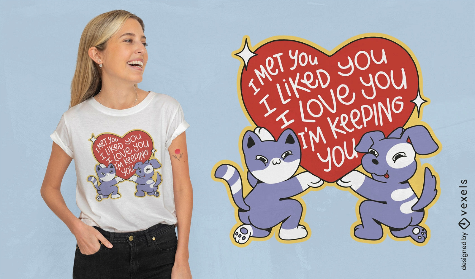 Gato e cachorro segurando design de camiseta de coração