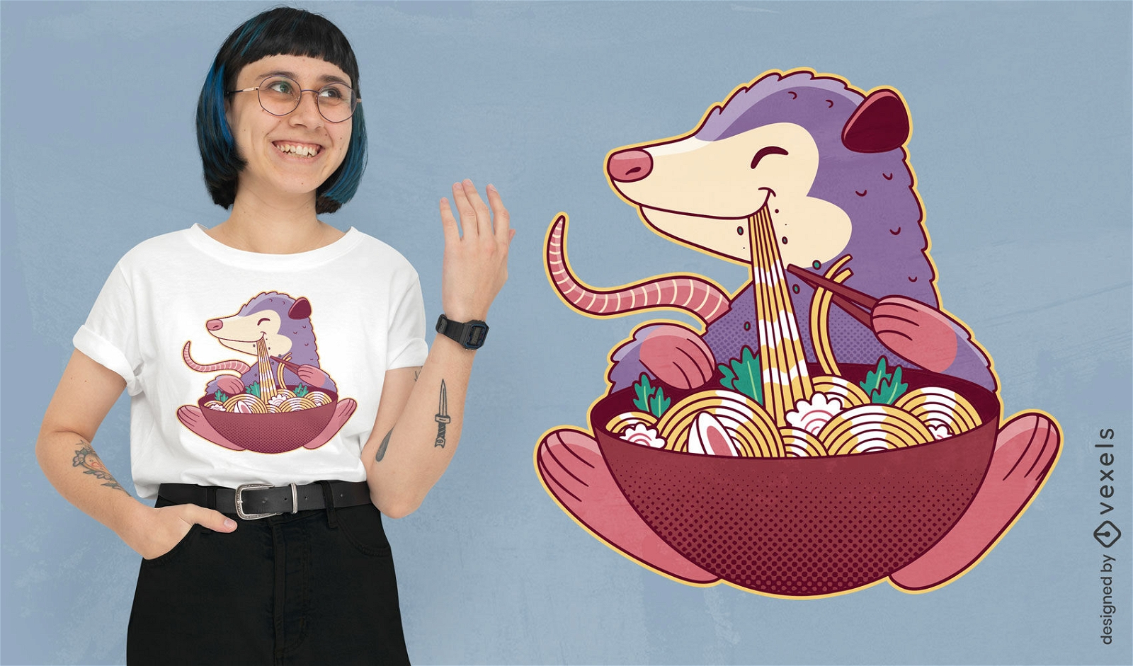 Diseño de camiseta de zarigüeya comiendo ramen