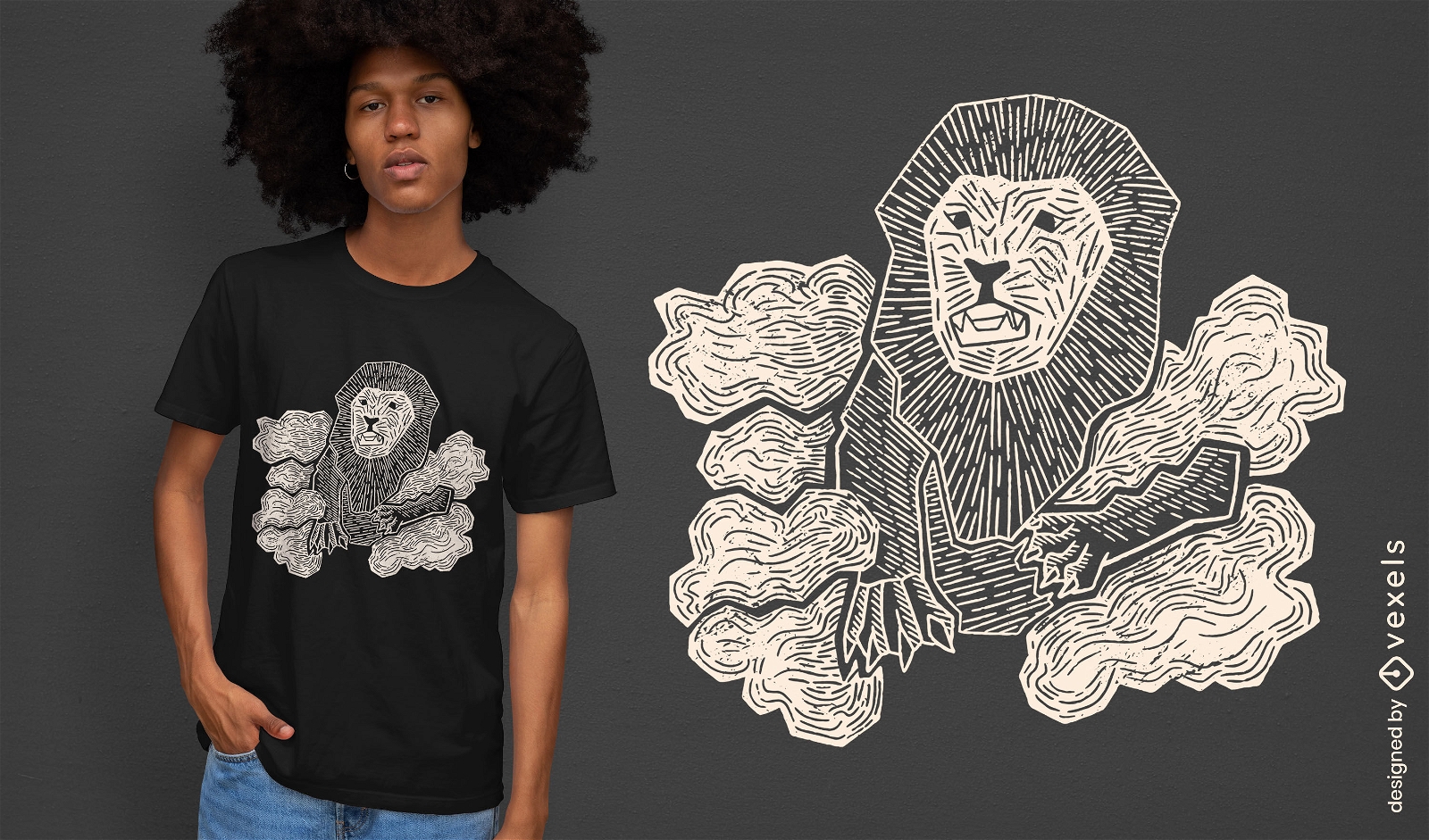 Design de camiseta de animais selvagens de le?o de madeira