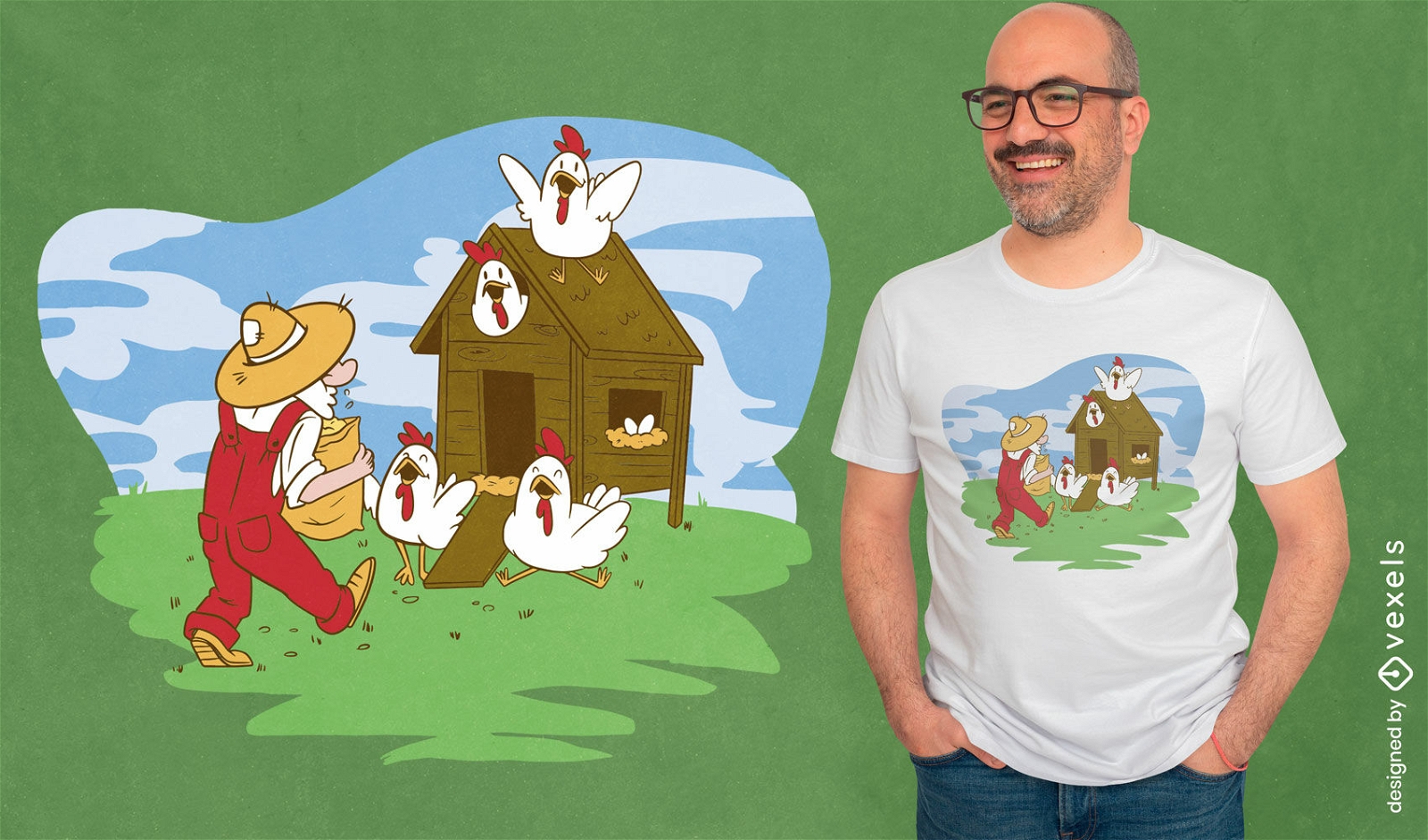 Diseño de camiseta de animales de pollo y granjero.