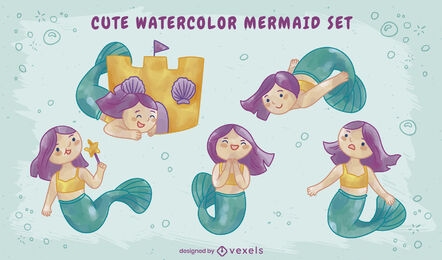 Watercolor mermaids playing in water set