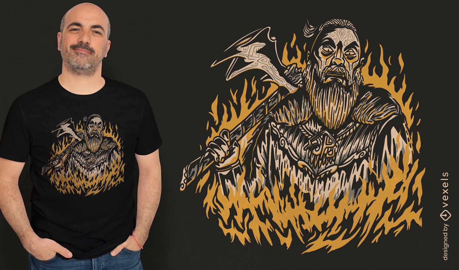 Viking com design de camiseta de machado e fogo