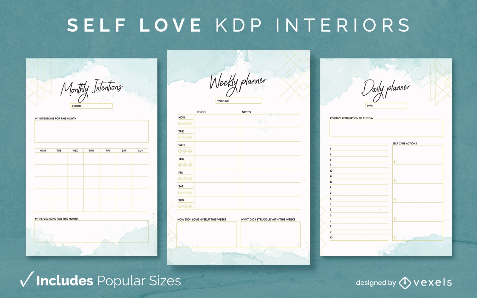 Self love watercolor Diary Design Template KDP
