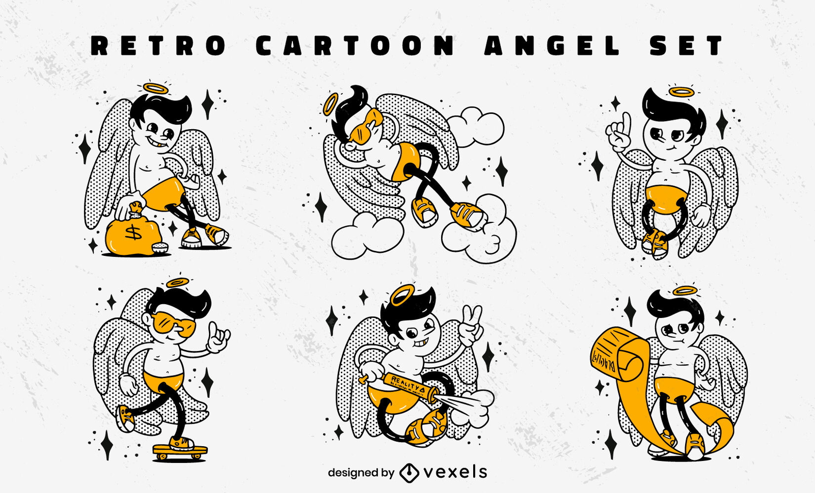 Conjunto de caracteres de ángeles divertidos dibujos animados retro