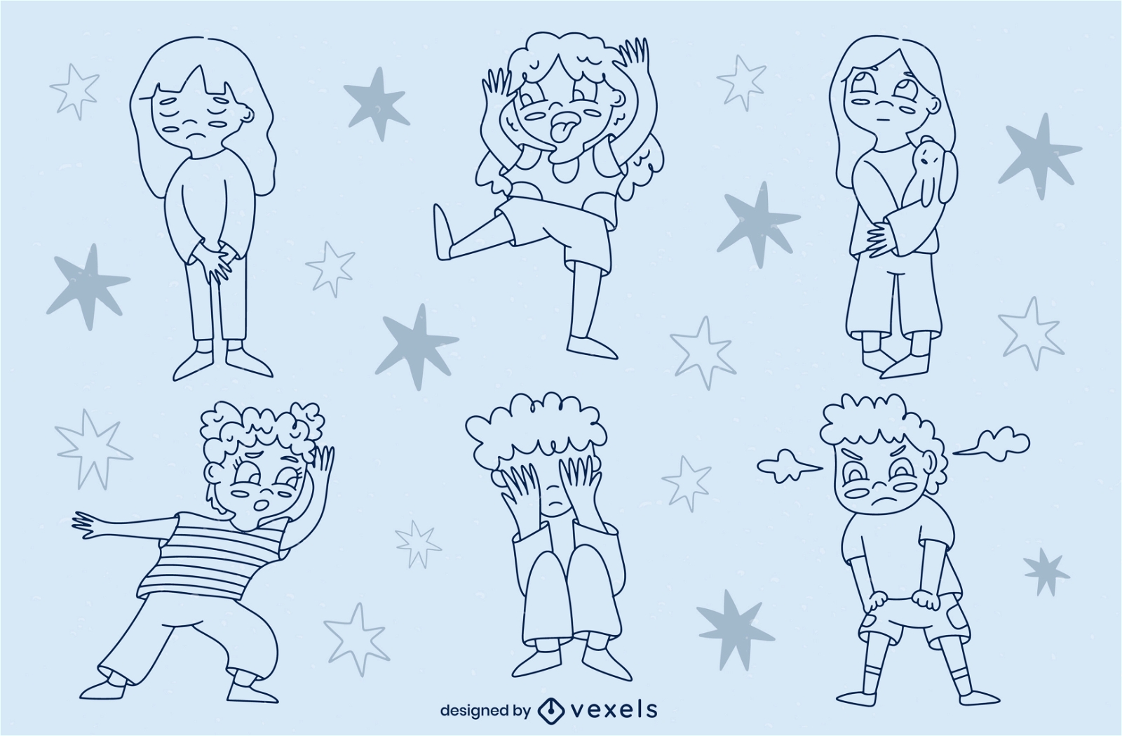 Conjunto de personagens de desenhos animados de emoções de crianças