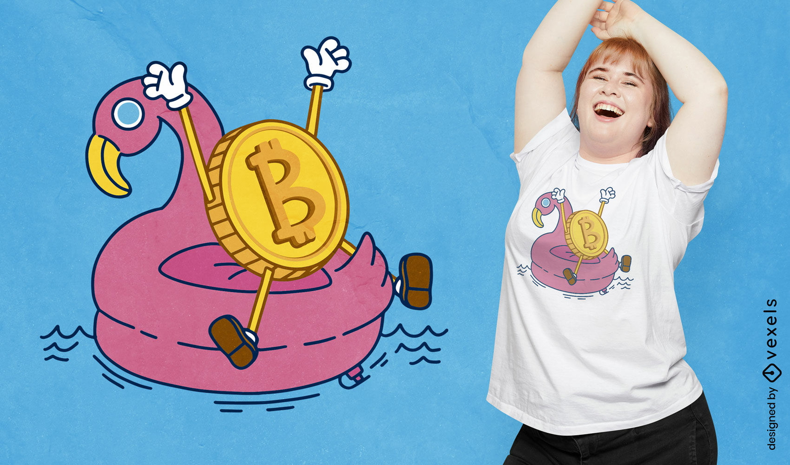 Diseño de camiseta de piscina de dibujos animados de moneda criptográfica