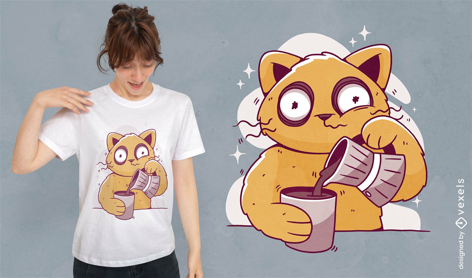 Design de camiseta de gato bebendo caf? com ins?nia