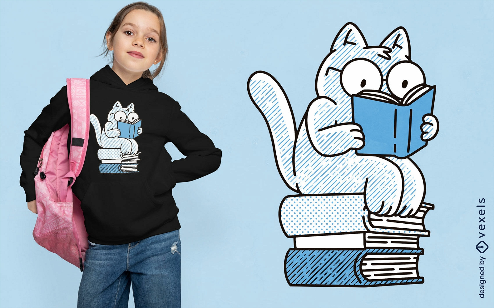 Gato sentado em livros e lendo design de camiseta
