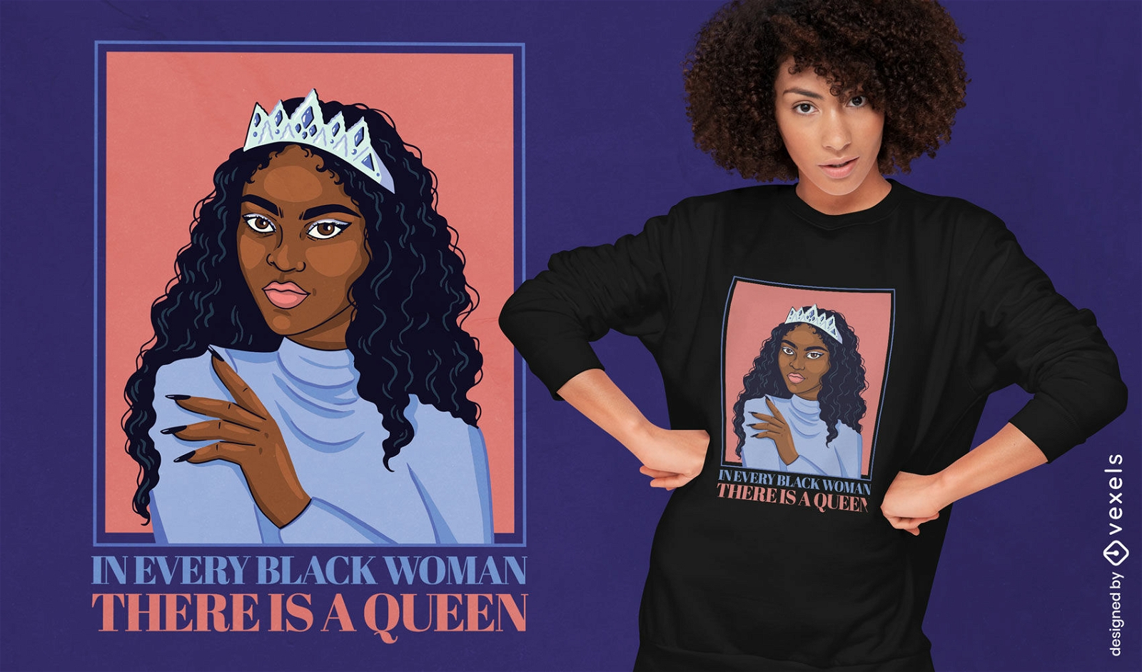 Mujer negra con diseño de camiseta de corona.