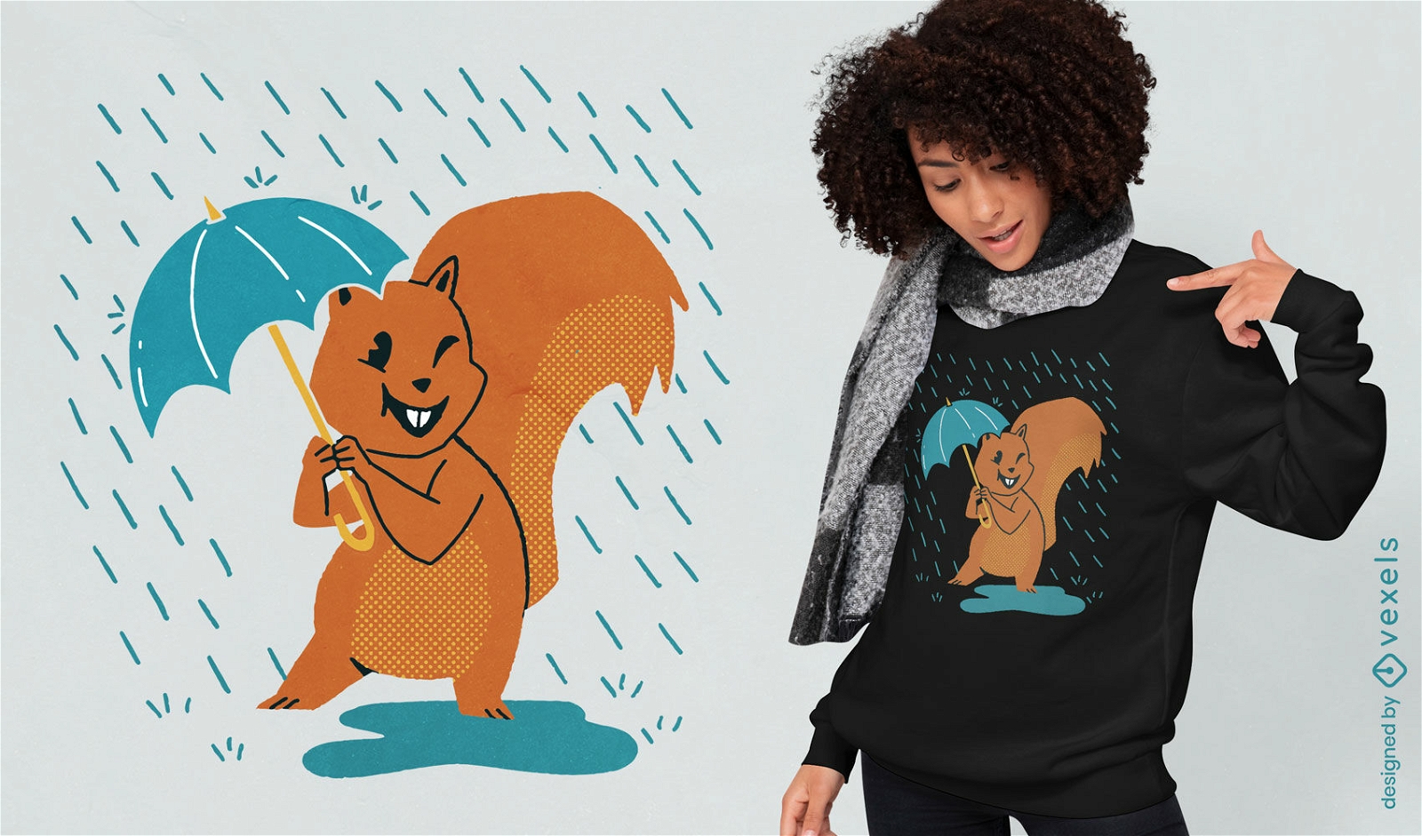 Eichhörnchen mit Regenschirm unter Regen-T-Shirt-Design