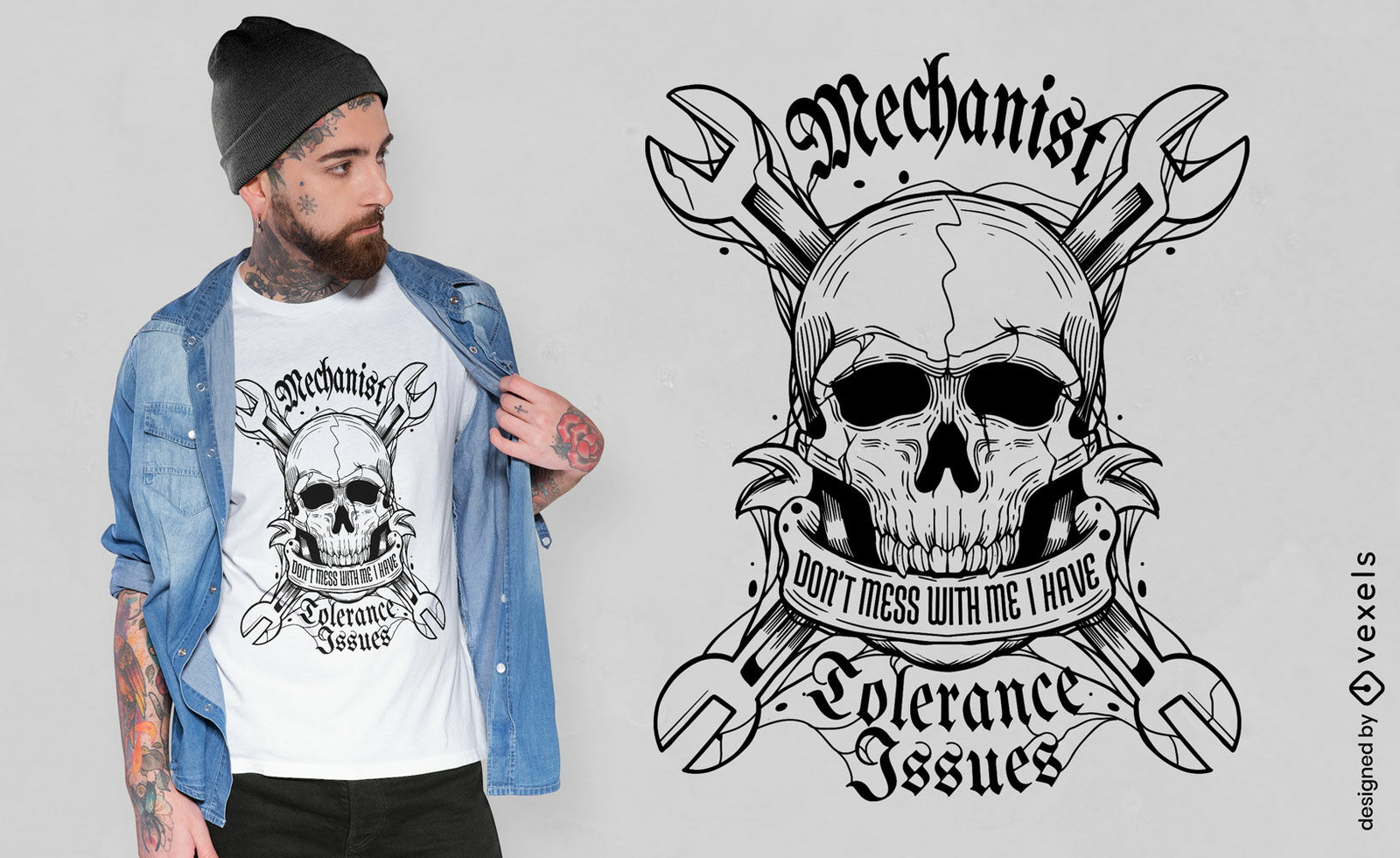 Diseño de camiseta de calavera y herramientas mecánicas.