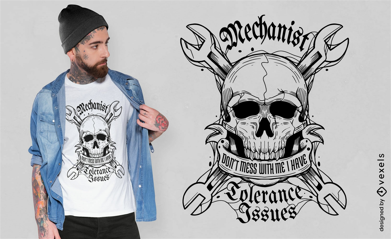 T-Shirt-Design mit Totenkopf und mechanischen Werkzeugen