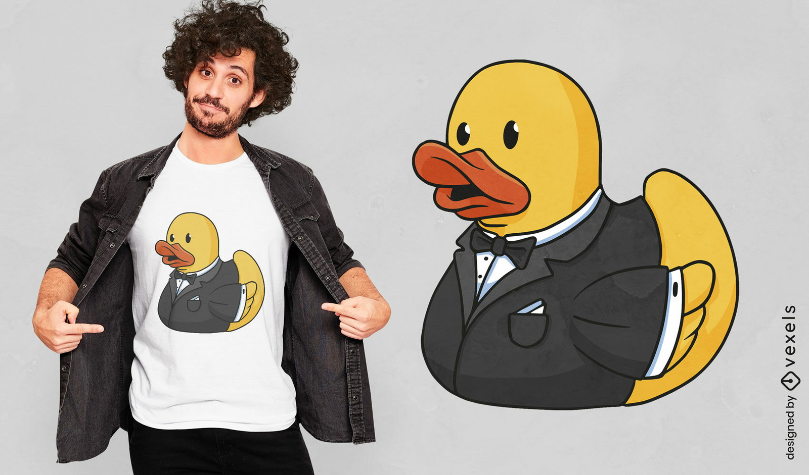 Pato de goma en diseño de camiseta de esmoquin.