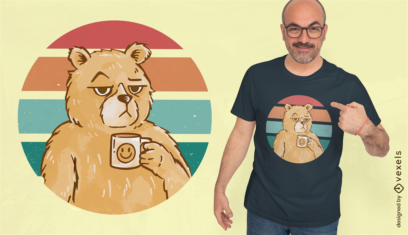 Design de camiseta do pôr do sol retrô de café de urso