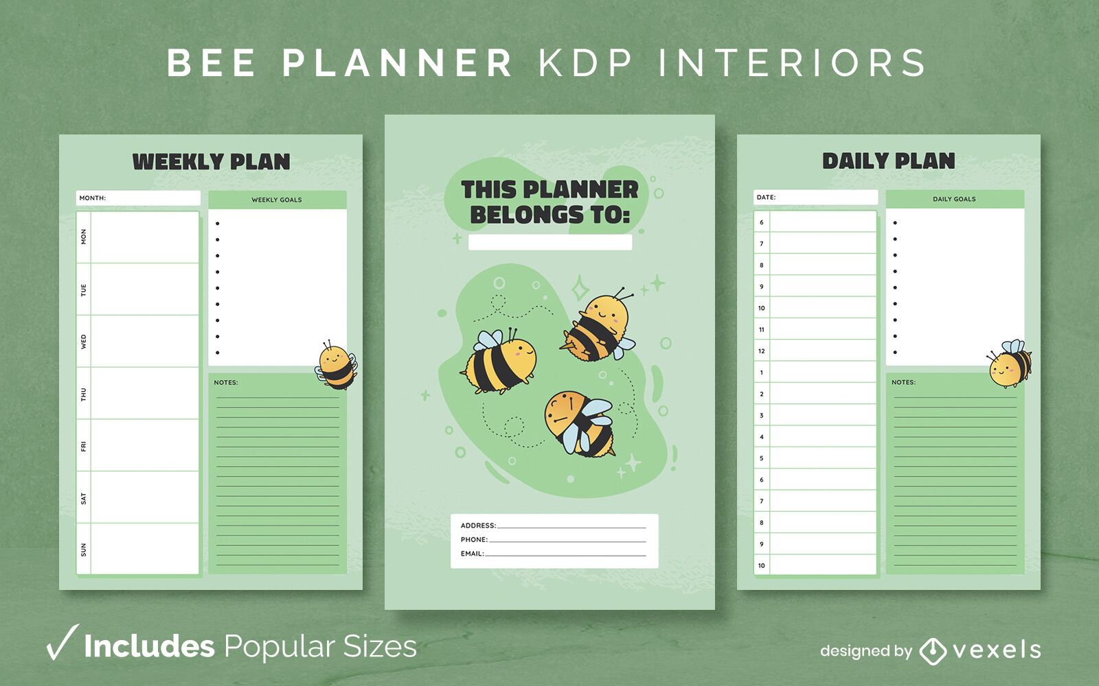 Modelo de design de diário de planejador de abelhas fofas KDP
