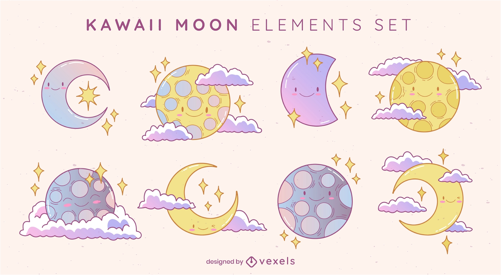 Conjunto de elementos de luna kawaii