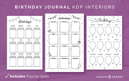 Plantilla de diseño de diario de diario de cumpleaños en blanco KDP