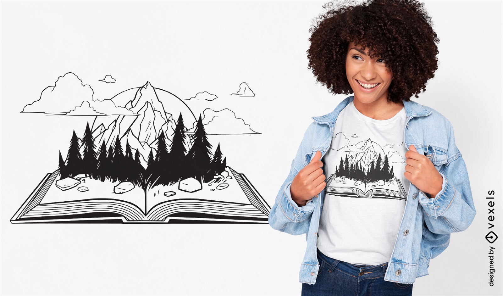 Design de camiseta de montanha de livro aberto